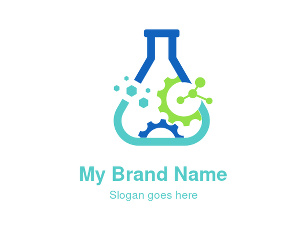 Vibrant Blue and Green Flask with Gear and Molecule Symbol Logo Design for Innovative Chemical Engineering and Science Branding